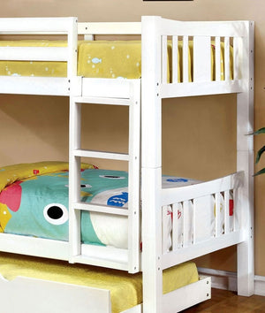 English Elm Transitional Solid Wood Twin Bunk Bed with Footboard Ladder and Crisp White Finish B2741S01146