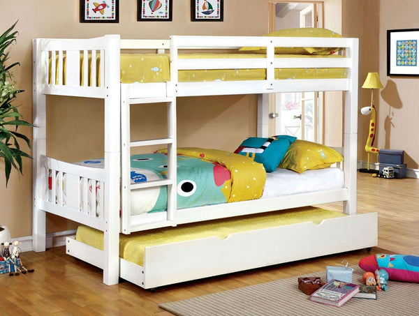 English Elm Transitional Solid Wood Twin Bunk Bed with Footboard Ladder and Crisp White Finish B2741S01146