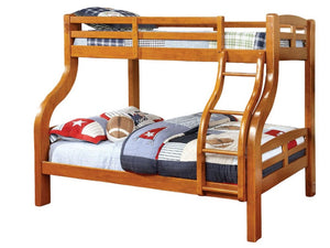 English Elm Transitional Twin Over Full Bunk Bed Solid Wood Oak Finish with Curved Posts B2741S01157