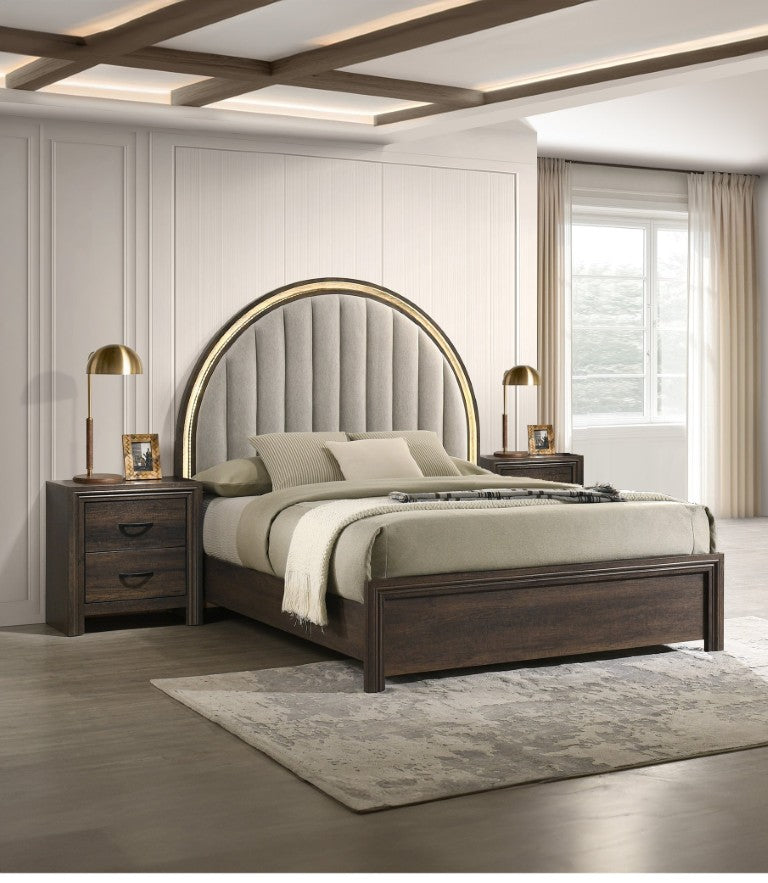 English Elm Contemporary Wood Veneer Bedroom Suite with Curved Headboard and Integrated Ambient Lighting King B2741S01165