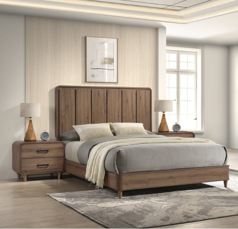 English Elm 3Pc Contemporary Wood Panel Bedroom Set with Flanking Nightstands in Light Brown Queen B2741S01176