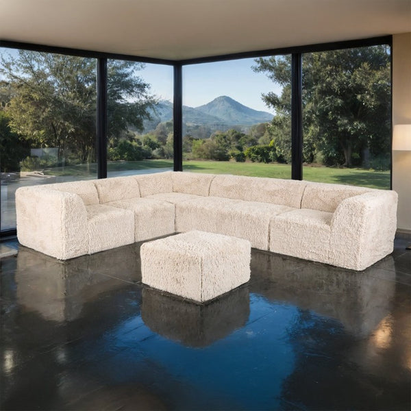 English Elm Living Room 7 Piece Modular Sectional Faux Fur Upholstered L Shape Lounge Sofa Set Sand B2741S01189