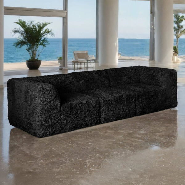 English Elm Modular Faux Fur Sectional Sofa Set with Deep Foam Seating for Cozy Living Rooms Black B2741S01193