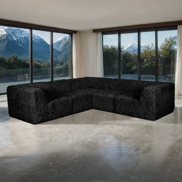 English Elm Living Room 5 Piece Modular Sectional Plush Faux Fur Low Profile Reconfigurable Pit Sofa Black B2741S01196