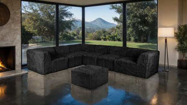 English Elm Living Room 7 Piece Modular Sectional Faux Fur Upholstered L Shape Lounge Sofa Set Black B2741S01197