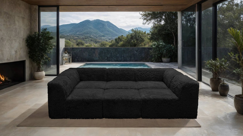 English Elm Living Room 6 Piece Faux Fur Modular Sectional Daybed with High Density Foam Seating Black B2741S01198