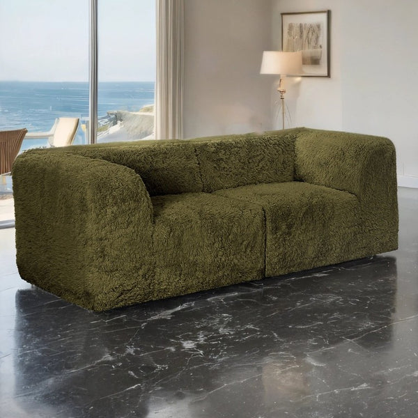 English Elm Olive Faux Fur Modular Corner Wedge Loveseat Deep Seat Boho Living Room Couch B2741S01200