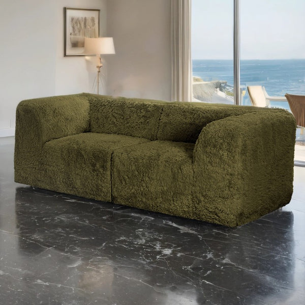 English Elm Olive Faux Fur Modular Corner Wedge Loveseat Deep Seat Boho Living Room Couch B2741S01200