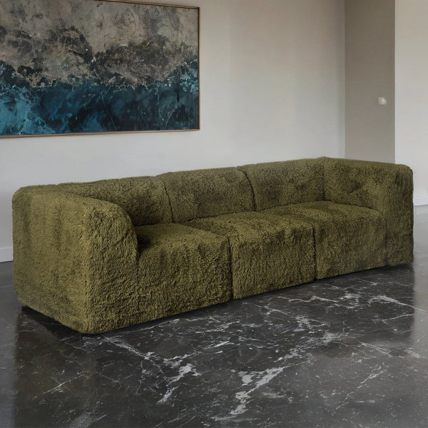 English Elm Modular Faux Fur Sectional Sofa Set with Deep Foam Seating for Cozy Living Rooms Olive Green B2741S01201