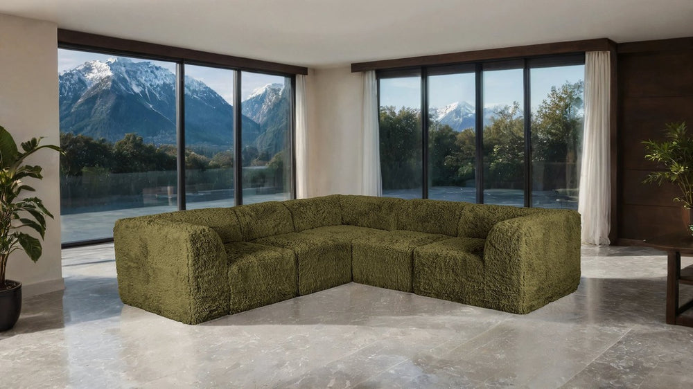 English Elm Living Room 5 Piece Modular Sectional Plush Faux Fur Low Profile Reconfigurable Pit Sofa Olive Green B2741S01204
