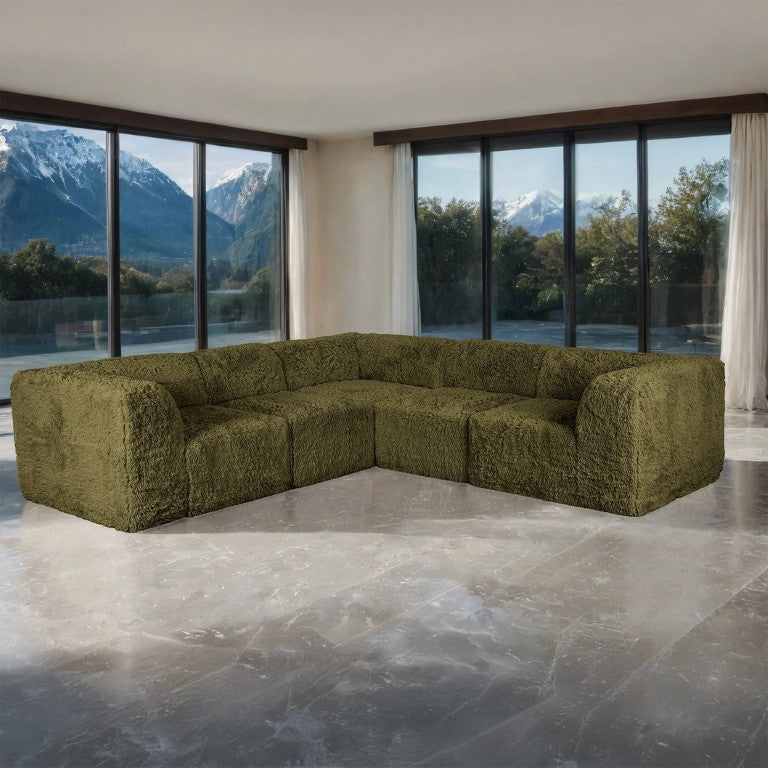 English Elm Living Room 5 Piece Modular Sectional Plush Faux Fur Low Profile Reconfigurable Pit Sofa Olive Green B2741S01204