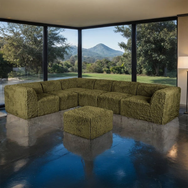 English Elm Living Room 7 Piece Modular Sectional Faux Fur Upholstered L Shape Lounge Sofa Set Olive Green B2741S01205