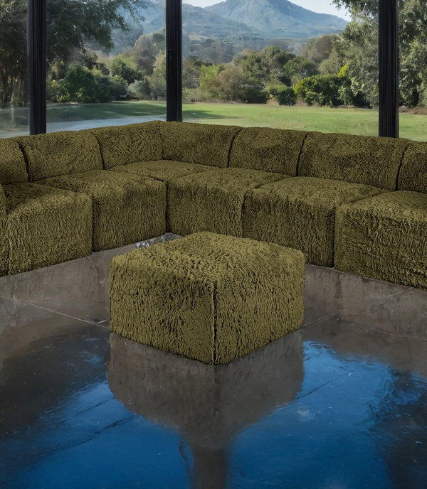 English Elm Living Room 7 Piece Modular Sectional Faux Fur Upholstered L Shape Lounge Sofa Set Olive Green B2741S01205