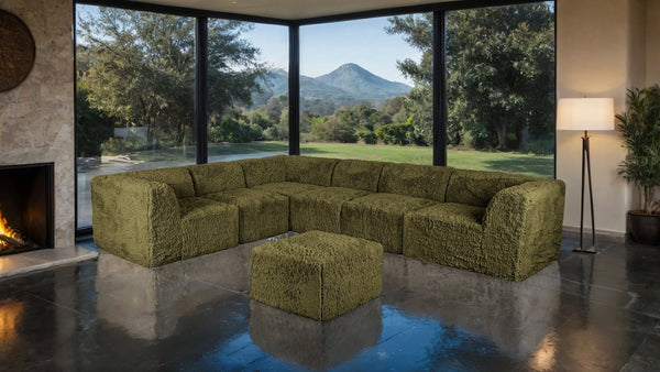 English Elm Living Room 7 Piece Modular Sectional Faux Fur Upholstered L Shape Lounge Sofa Set Olive Green B2741S01205