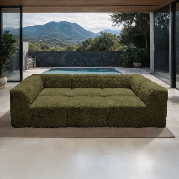English Elm Living Room 6 Piece Faux Fur Modular Sectional Daybed with High Density Foam Seating Olive Green B2741S01206