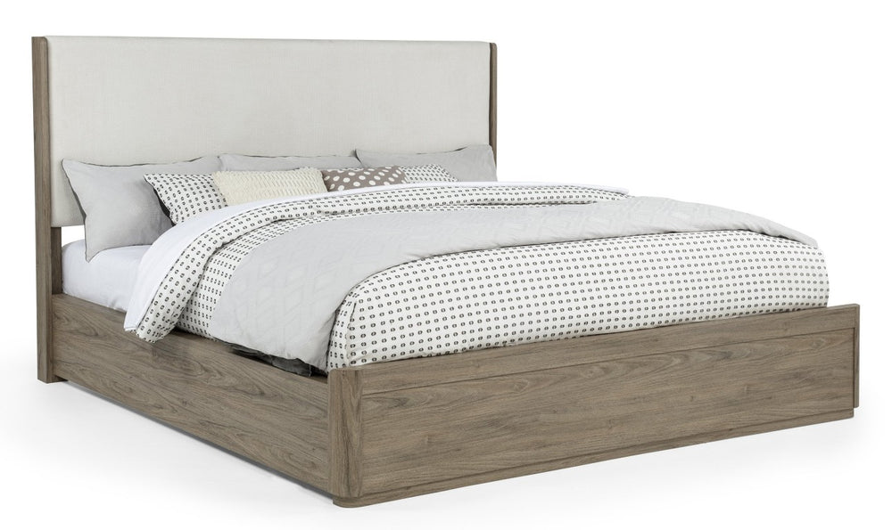 English Elm 1Pc King Platform Bed Padded Fabric Headboard Solid Wood Driftwood Finish Modern Bedroom B2741S01216