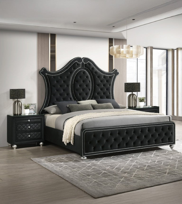 English Elm 3Pc Queen Bedroom Set Tufted Upholstered Headboard Nailhead Trim Mirrored Nightstands Black B2741S01220