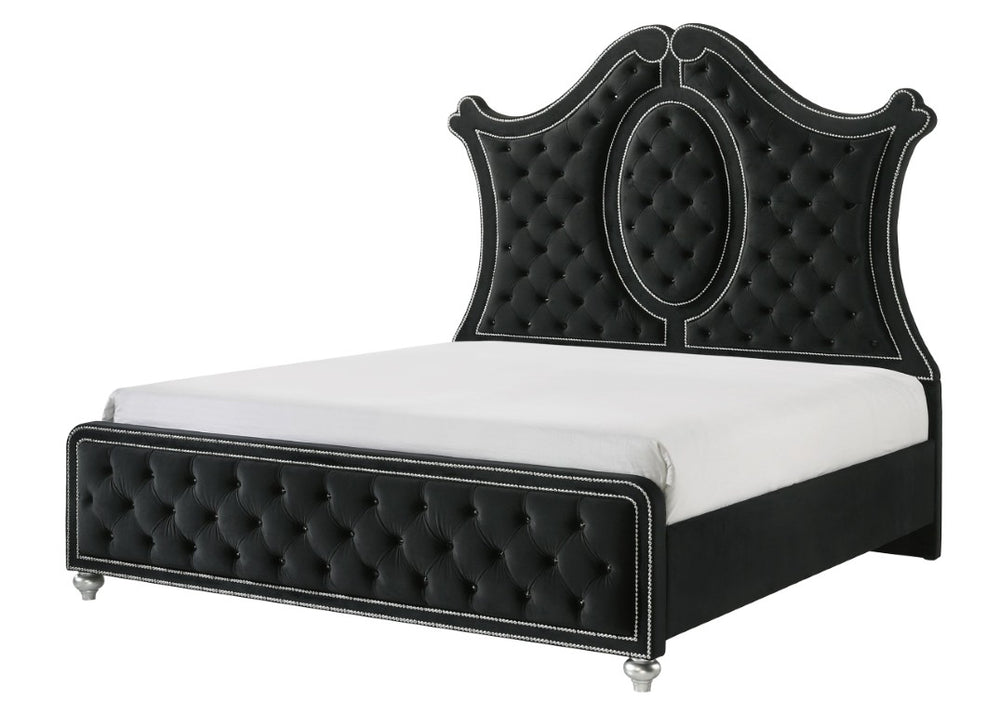 English Elm 3Pc Queen Bedroom Set Tufted Upholstered Headboard Nailhead Trim Mirrored Nightstands Black B2741S01220