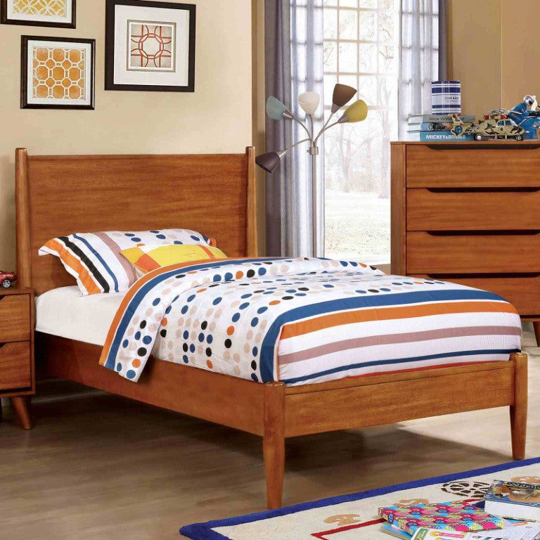 English Elm Mid-Century Modern Twin Platform Bed with Tapered Legs and Warm Oak Wood Finish B2741S01230