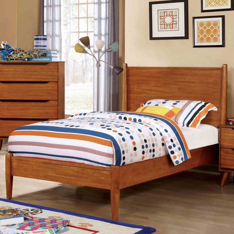 English Elm Mid-Century Modern Twin Platform Bed with Tapered Legs and Warm Oak Wood Finish B2741S01230