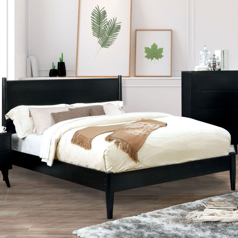 English Elm New Mid-Century Platform Eastern King Bed Solid Wood Frame Matte Black Tapered Legs B2741S01234