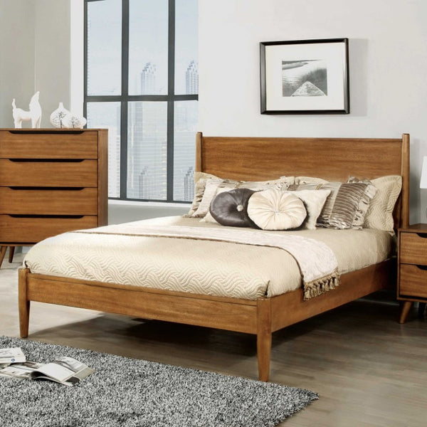 English Elm Oak Finish Mid-Century Modern Full Platform Bed Set with Matching Pair of Nightstands B2741S01251