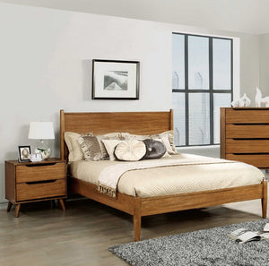 English Elm Oak Finish Mid-Century Modern Full Platform Bed Set with Matching Pair of Nightstands B2741S01251