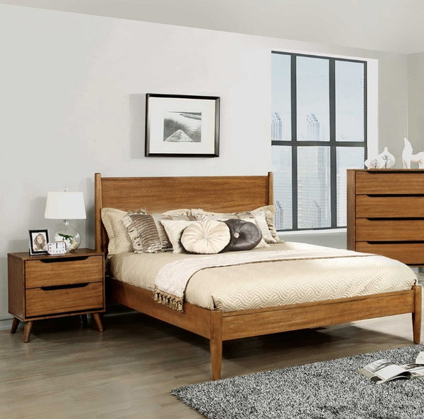 English Elm Oak Finish Mid-Century Modern Full Platform Bed Set with Matching Pair of Nightstands B2741S01251