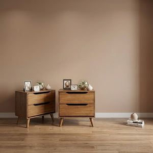 English Elm Oak Finish Mid-Century Modern Full Platform Bed Set with Matching Pair of Nightstands B2741S01251