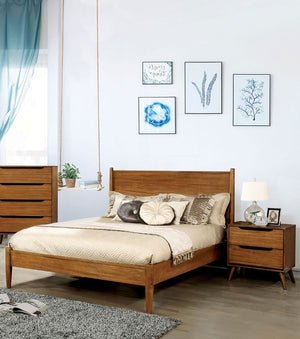 English Elm Oak Finish Mid-Century Modern Full Platform Bed Set with Matching Pair of Nightstands B2741S01251