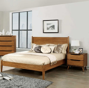 English Elm Oak Finish Twin Platform Bed Set with Two Nightstands Mid-Century Tapered Leg Style B2741S01252