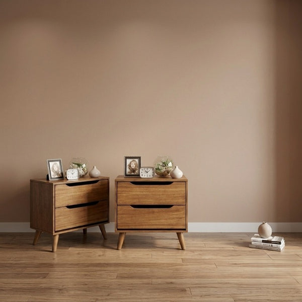 English Elm Oak Finish Twin Platform Bed Set with Two Nightstands Mid-Century Tapered Leg Style B2741S01252