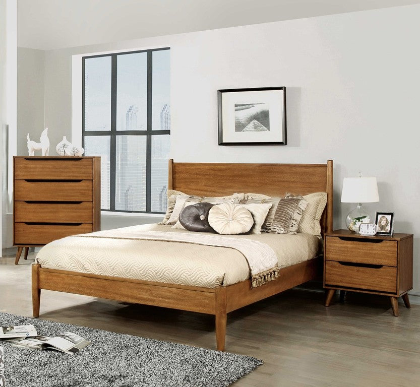 English Elm Wooden Mid-Century Modern 3 Piece Bedroom Set with Platform Bed Chest and Nightstand Oak B2741S01254