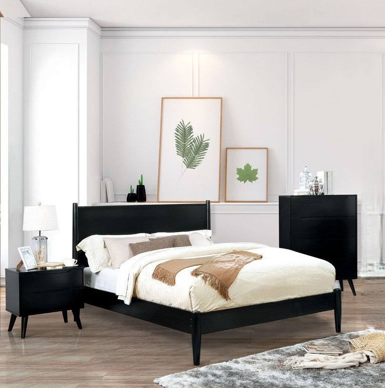 English Elm Wooden Mid-Century Modern Eastern King Platform Bedroom Set with Tapered Legs 3Pc Black B2741S01266