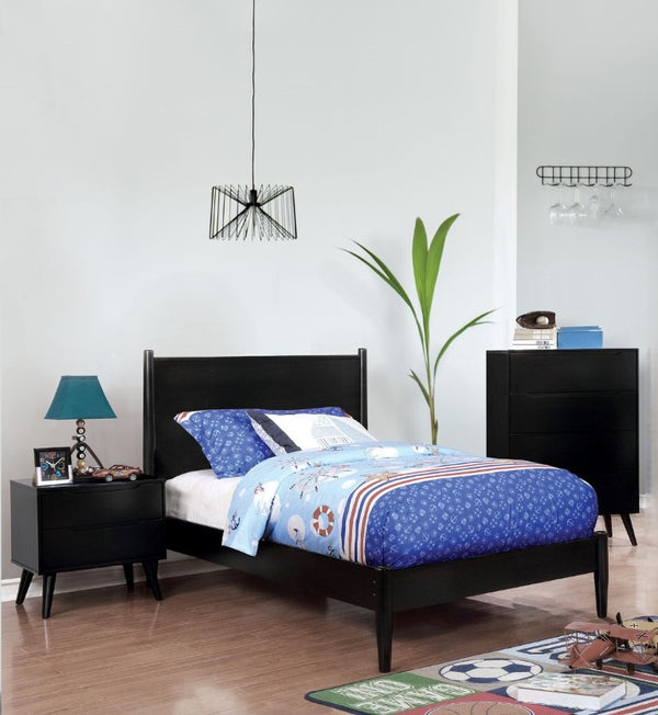 English Elm Wooden Twin Platform Bedroom Set Mid-Century Tapered Legs Solid Wood 3 Piece Suite Black B2741S01268