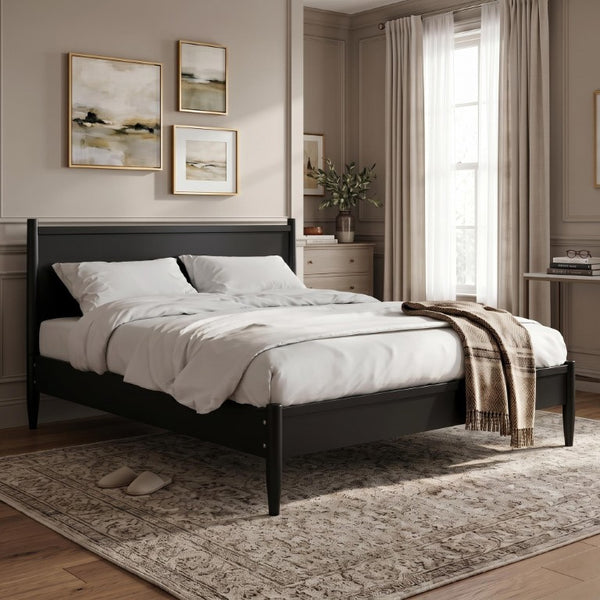 English Elm Wooden Twin Platform Bedroom Set Mid-Century Tapered Legs Solid Wood 3 Piece Suite Black B2741S01268