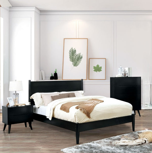 English Elm Wooden Twin Platform Bedroom Set Mid-Century Tapered Legs Solid Wood 3 Piece Suite Black B2741S01268