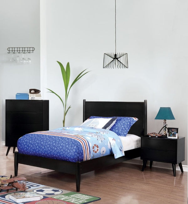 English Elm Wooden Twin Platform Bedroom Set Mid-Century Tapered Legs Solid Wood 3 Piece Suite Black B2741S01268