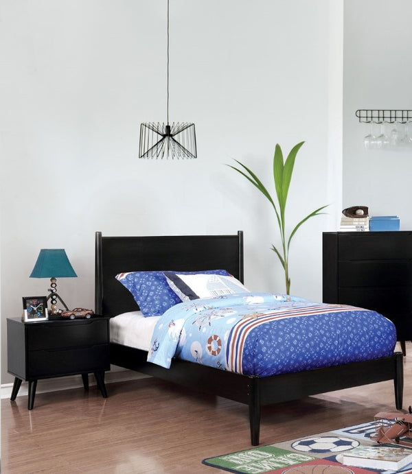 English Elm Wooden Twin Platform Bedroom Set Mid-Century Tapered Legs Solid Wood 3 Piece Suite Black B2741S01268