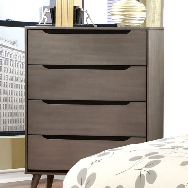 English Elm Wooden Twin Platform Bedroom Set Mid-Century Tapered Legs Solid Wood 3 Piece Suite Gray B2741S01278