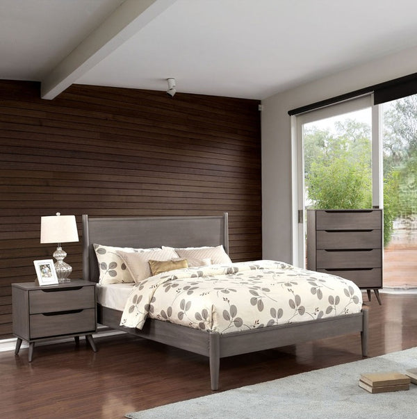 English Elm Wooden Twin Platform Bedroom Set Mid-Century Tapered Legs Solid Wood 3 Piece Suite Gray B2741S01278