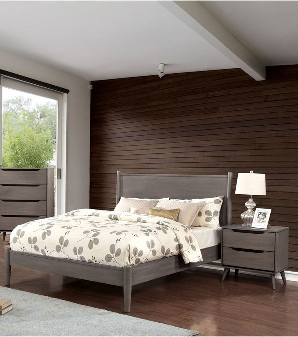 English Elm Wooden Twin Platform Bedroom Set Mid-Century Tapered Legs Solid Wood 3 Piece Suite Gray B2741S01278