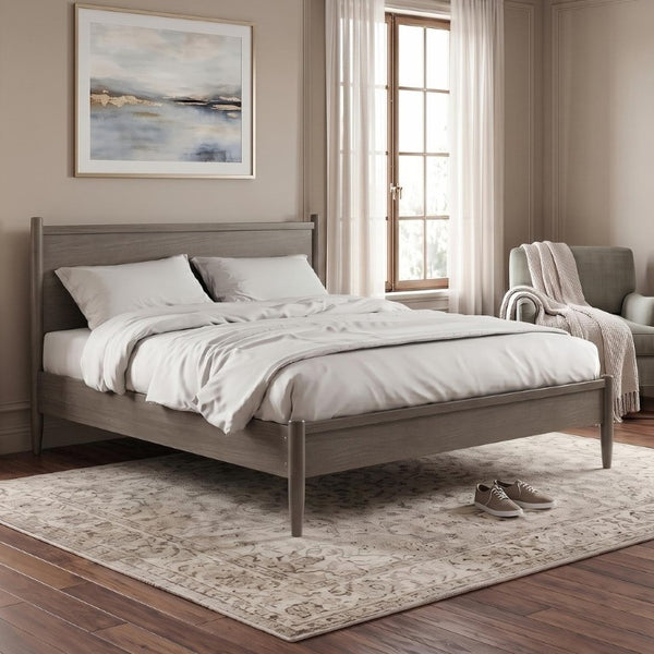 English Elm Wooden Twin Platform Bedroom Set Mid-Century Tapered Legs Solid Wood 3 Piece Suite Gray B2741S01278