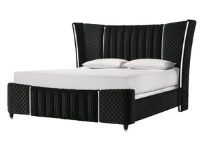 English Elm 1Pc Black Velvet King Bed Wingback Tufted Upholstered Frame with Chrome Accents B2741S01290