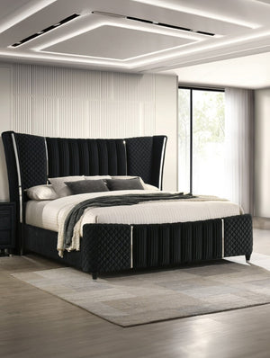 English Elm 1Pc Black Velvet King Bed Wingback Tufted Upholstered Frame with Chrome Accents B2741S01290