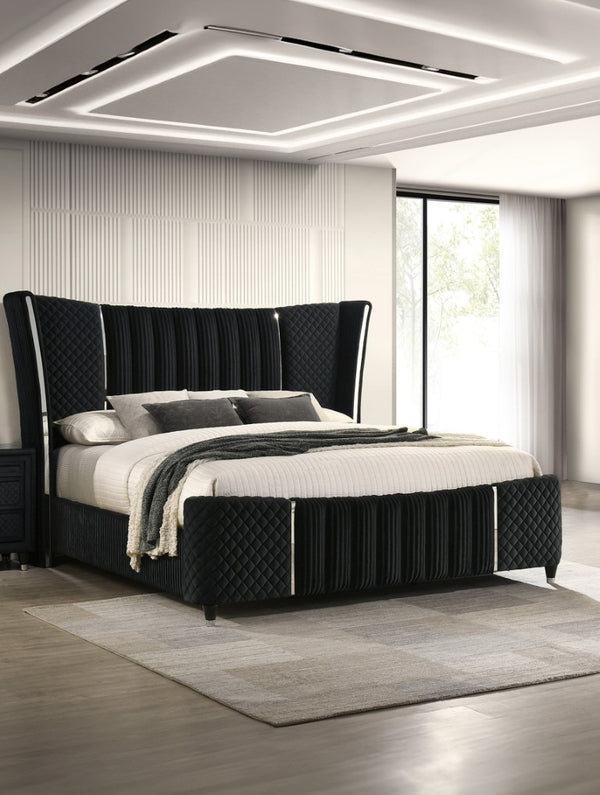 English Elm 1Pc Black Velvet King Bed Wingback Tufted Upholstered Frame with Chrome Accents B2741S01290