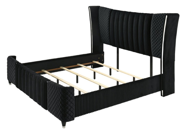 English Elm 1Pc Black Velvet King Bed Wingback Tufted Upholstered Frame with Chrome Accents B2741S01290
