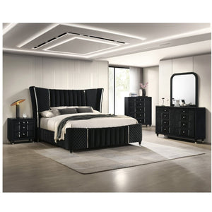 English Elm 1Pc Black Velvet King Bed Wingback Tufted Upholstered Frame with Chrome Accents B2741S01290