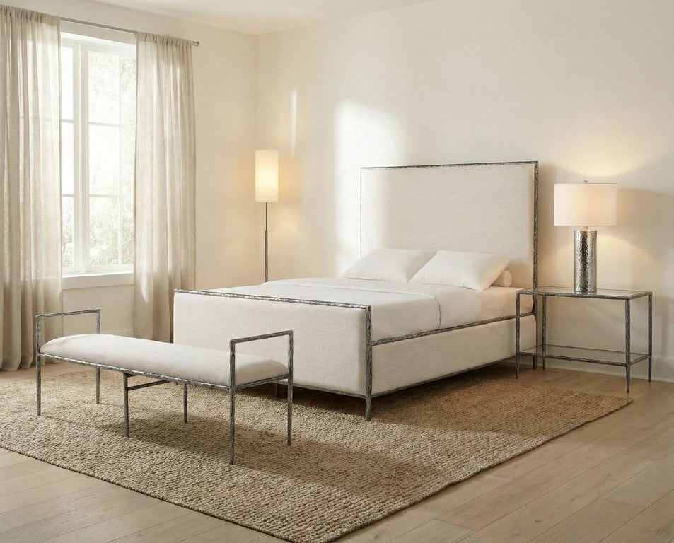 English Elm Contemporary Forged Steel Upholstered Full Bed Set with Gunmetal Finish and Bench B2741S04668