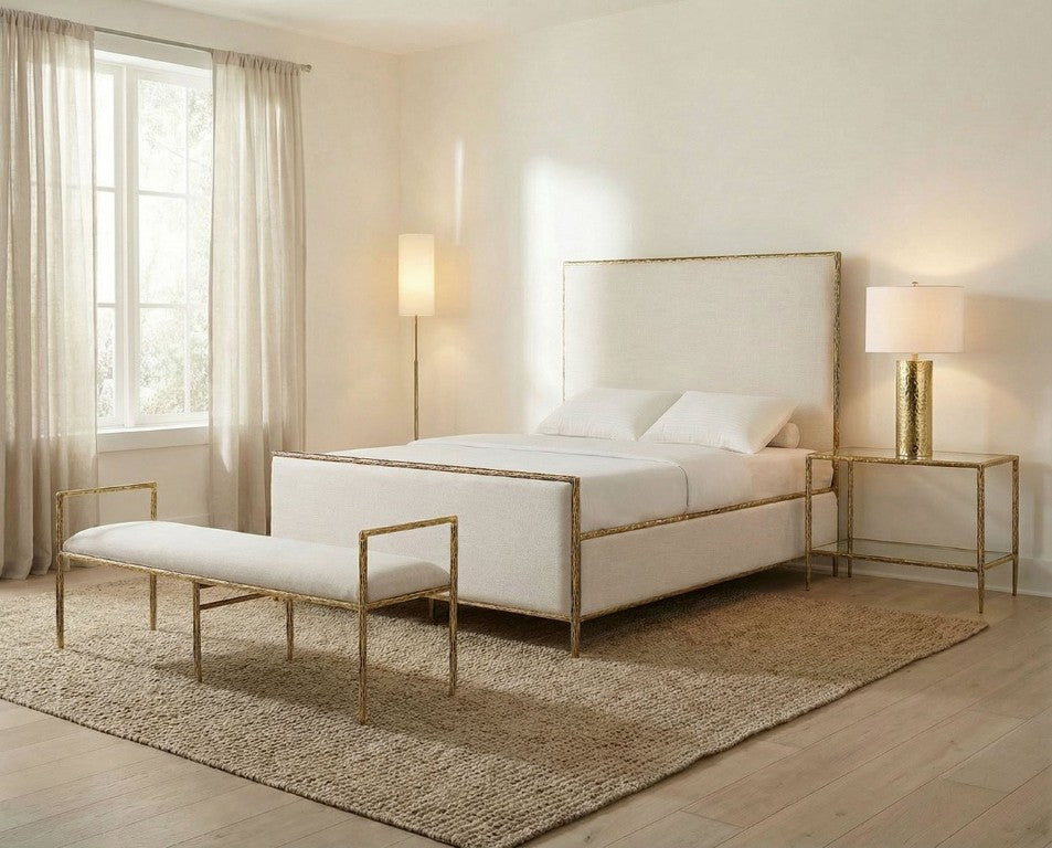 English Elm Contemporary Matte Gold Steel Upholstered Full Bed and Bench Set for Bold Bedrooms B2741S04671